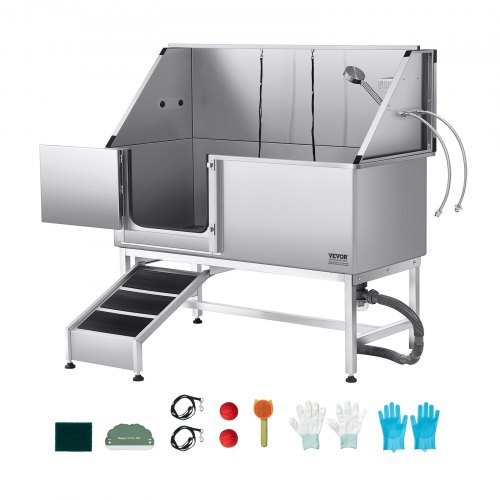 VEVOR Hundewaschstation Edelstahl, 1500x700x1495 mm Tierpflegewanne mit Rampe, PE-Wasserfilterplatte, Wasserhahn, Duschkopf & Seifenhalter, für große, mittelgroße & kleine Haustiere (linke Tür)