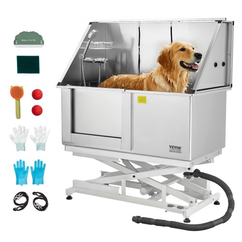 VEVOR Elektrische Hundewaschstation mit Hebefunktion, 127 cm Tierpflegewanne mit PE-Wasserfilterplatte, Wasserhahn & Duschkopf, Hundebadewanne, Waschbecken für mehrere Haustiere (linke Tür)