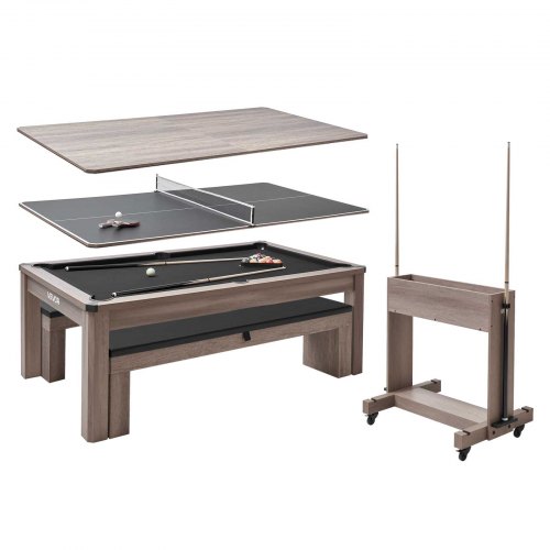VEVOR 214 cm Billardtisch 3 in 1 für Tischspiele mit Essplatte & Tischtennisplatte, 2 Bänke zur Aufbewahrung und für Zubehör, 137 kg belastbar, inkl. Queue-Ständer & Kreidebürste