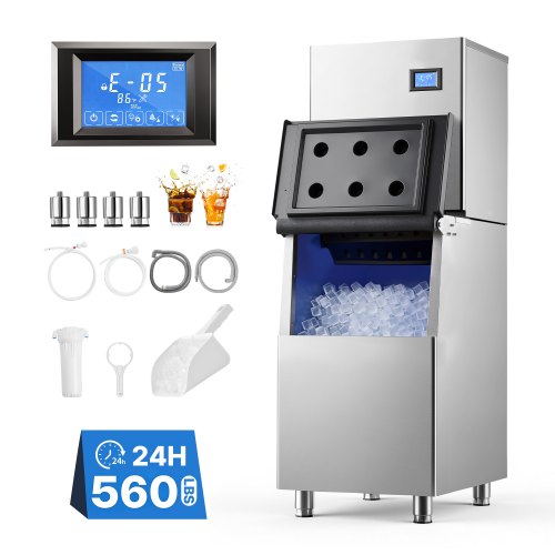 VEVOR Gewerbliche Eiswürfelmaschine 254 kg/Tag Eisproduktion Edelstahl, Eiswürfelbereiter, Touchscreen, Einstellbare Eisdicke, Selbstreinigung, 113 kg Fassender Behälter, 182 Stk. Eiswürfelformen