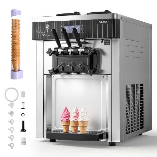 VEVOR Gewerbliche Eismaschine 20-28 L/h Leistung, Softeismaschine 2200 W mit 2 x Behältern (6 L), Vorkühlung, Selbstreinigung und LED-Display, Tischgerät für Snackbars, Dessertläden und Cafés, Silber