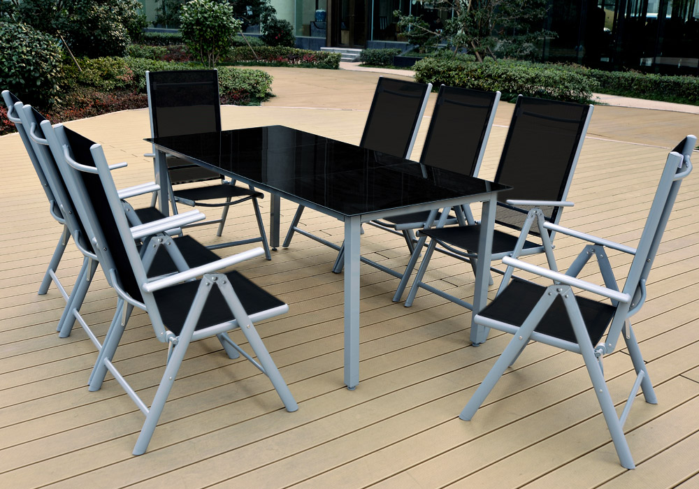 Gartensitzgruppe Bern 9-tlg 8 Personen Silber Alu Schwarz Glas