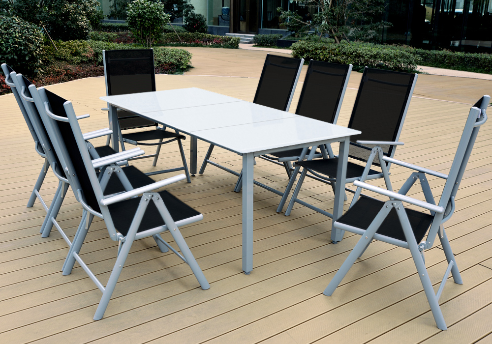 Gartensitzgruppe Bern 9-tlg 8 Personen Silber Alu Milchglas Glas