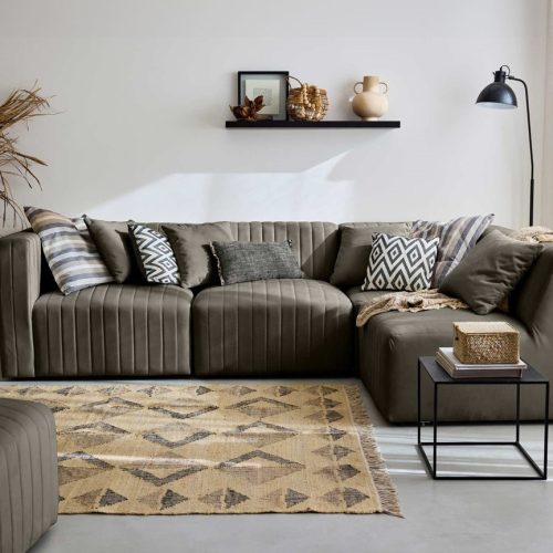 Nova - 4-sitzer Modulares Ecksofa Rechts + Hocker - Aus Samt - Grau