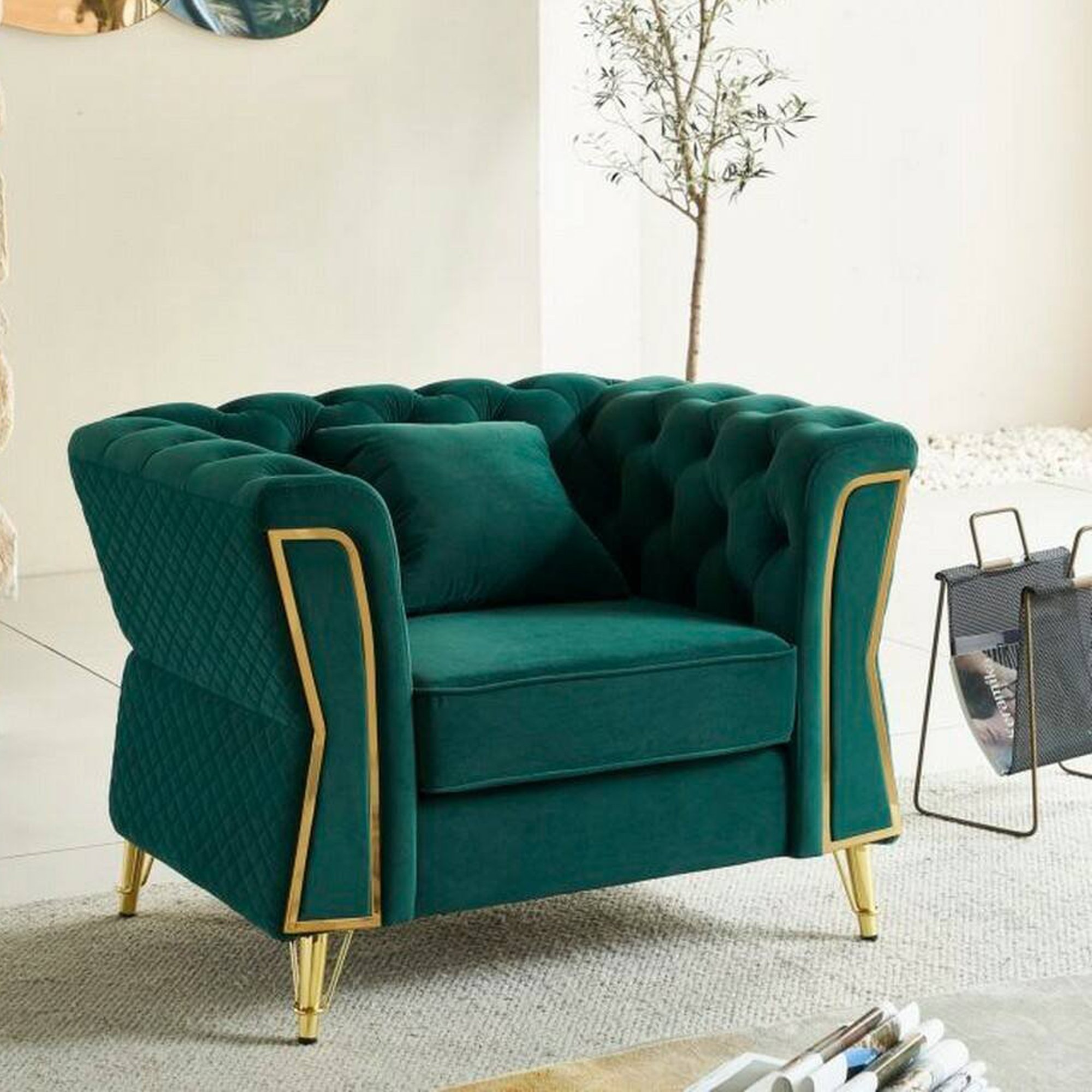 Sessel Putumayo, Gepolsterter Sitz, Einzelsofa Im Wohnzimmer, Stuhl Mit Armlehnen, 104x83 H76 Cm, Grün Gold - Dmora Sessel Putumayo, Gepolsterter Sitz, Einzelsofa Im Wohnzimmer, Stuhl Mit Armlehnen, 104x83 H76 Cm, Grün Gold - Dmora