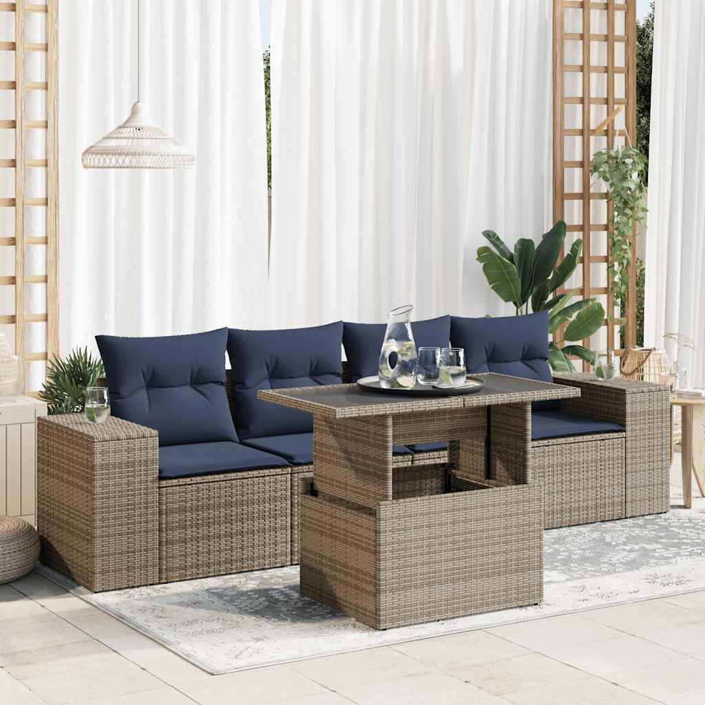 5-tlg. Garten-sofagarnitur Mit Kissen Grau Poly Rattan Akazie Vidaxl