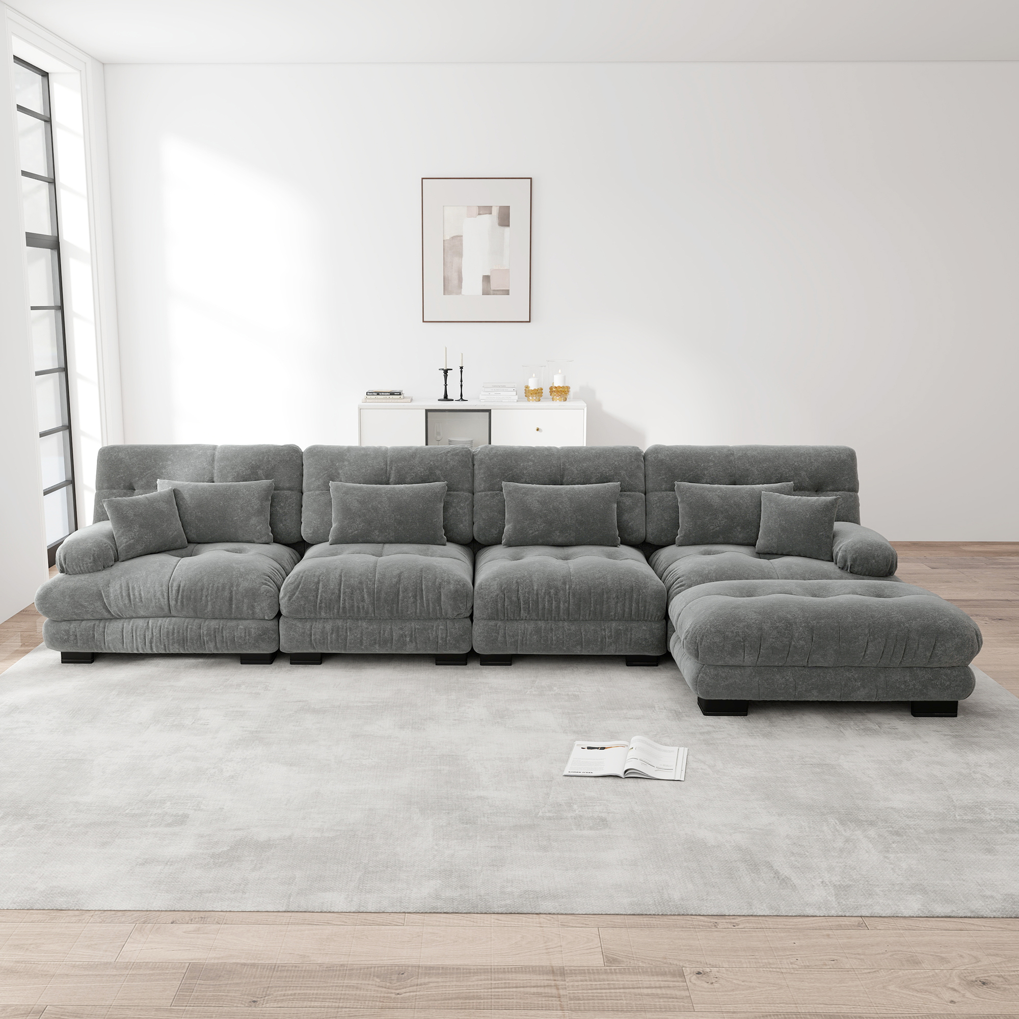 Ecksofa – 2-sitzer-sofa – Wohnzimmersofa Mit 2 Lendenkissen – 2 Zierkissen – Fußstütze – Chenille – Gepolstertes Sofa „nuée” – 406x145x81 Cm – Grau