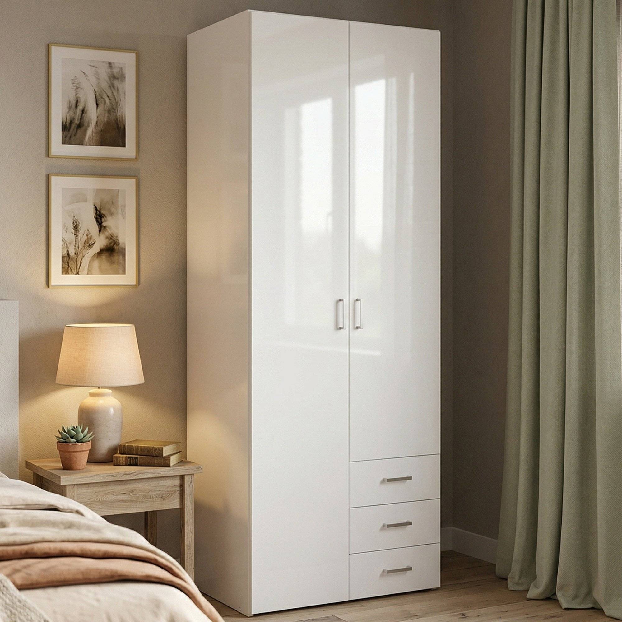 Kleiderschrank 2 Türen Apollina, Schlafzimmergarderobe, 49,5x200,4h Cm Weiß