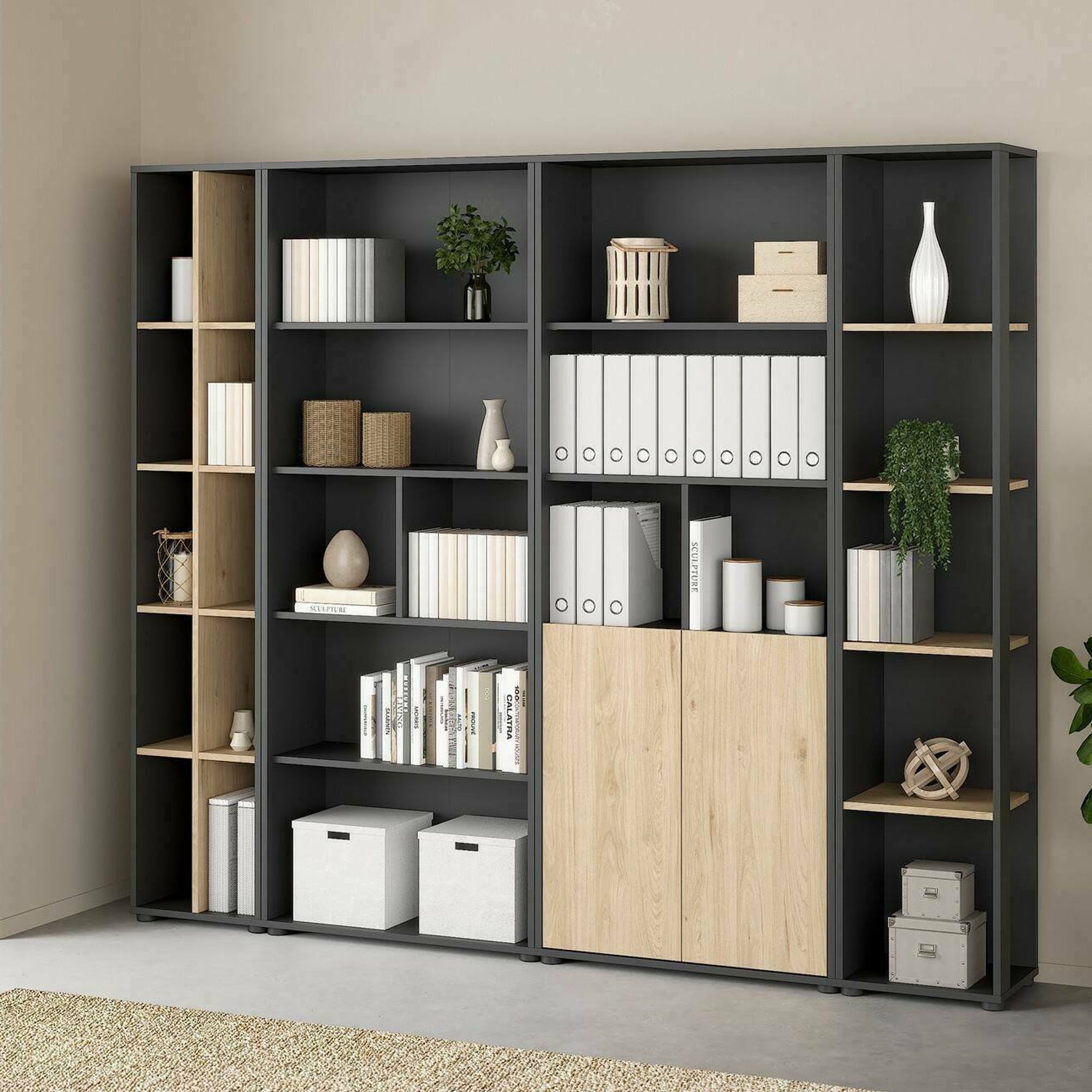 Wohnzimmermöbel Sabine, Modulares Wohnzimmerset, Mehrzweck-wohnzimmermöbel, Moderner Tv-schrank, 241x34 H205 Cm, Eiche Und Grau - Dmora Wohnzimmermöbel Sabine, Modulares Wohnzimmerset, Mehrzweck-wohnzimmermöbel, Moderner Tv-schrank, 241x34 H205 Cm, Eiche Und Grau - Dmora