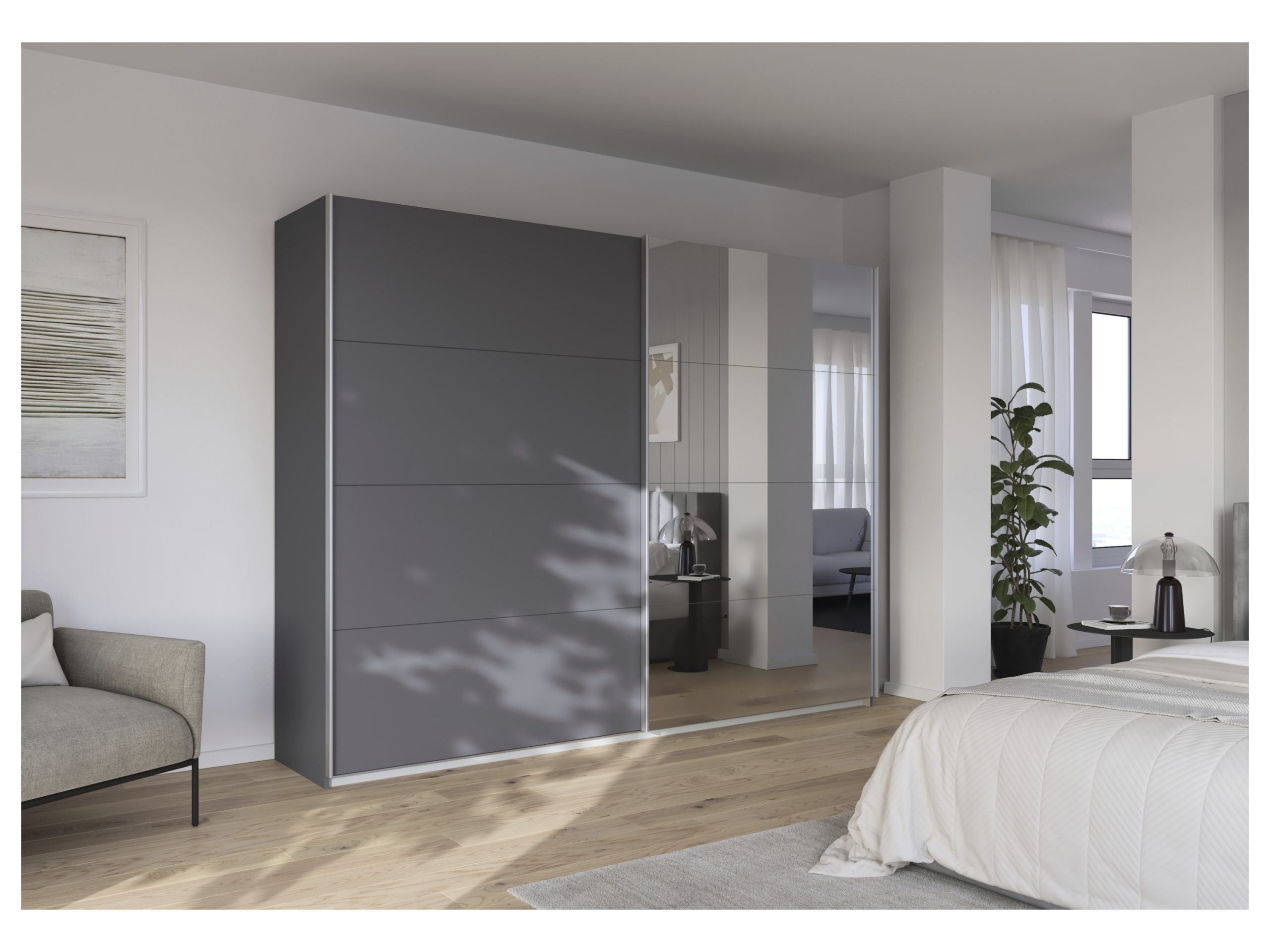 RAUCH ORANGE Quadra Schwebetürenschrank mit Spiegelelementen (Basic-Zubehör, Korpus: Graumetallic, 271 x 210 cm)""