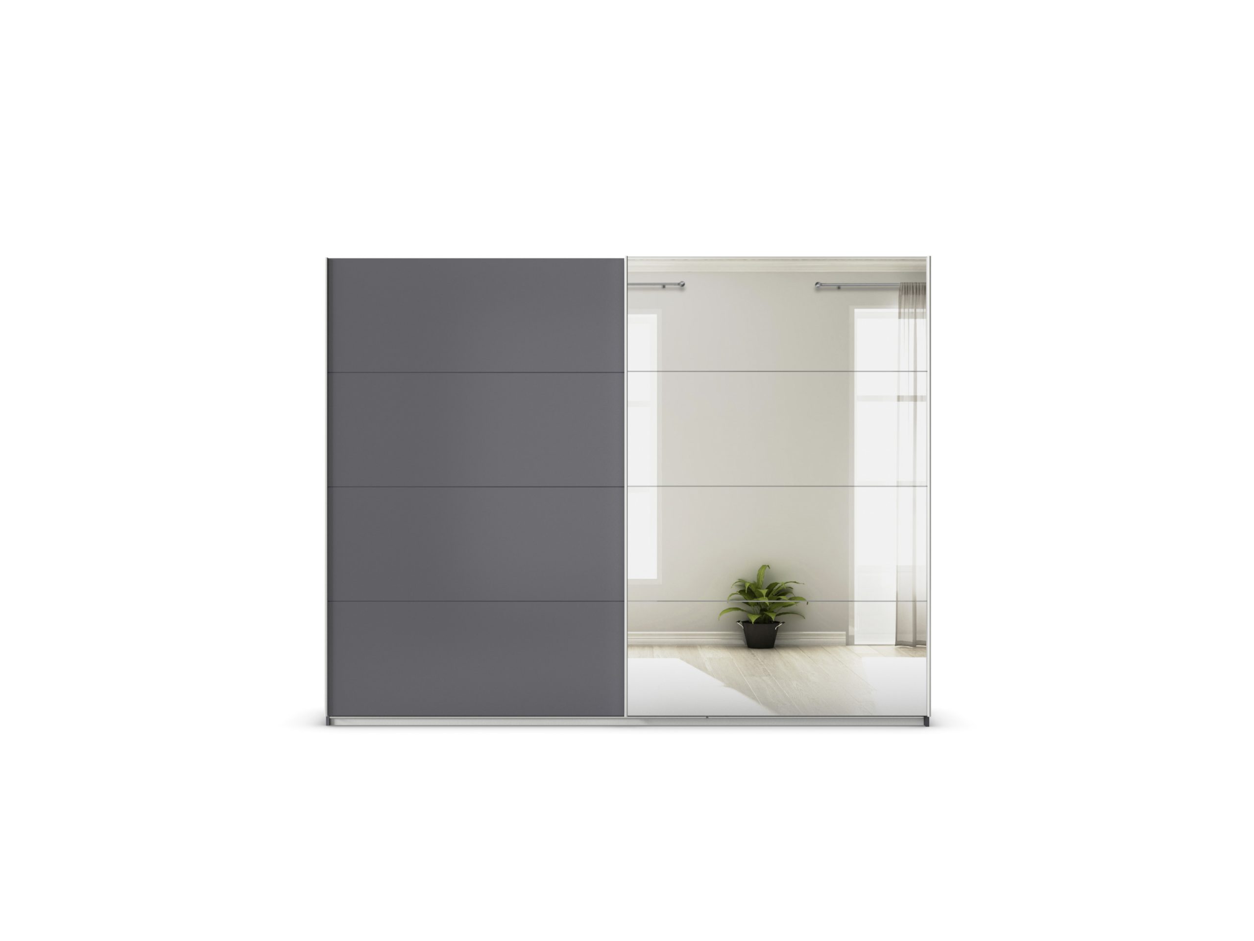 RAUCH ORANGE Quadra Schwebetürenschrank mit Spiegelelementen (Basic-Zubehör, Korpus: Graumetallic, 271 x 210 cm)""