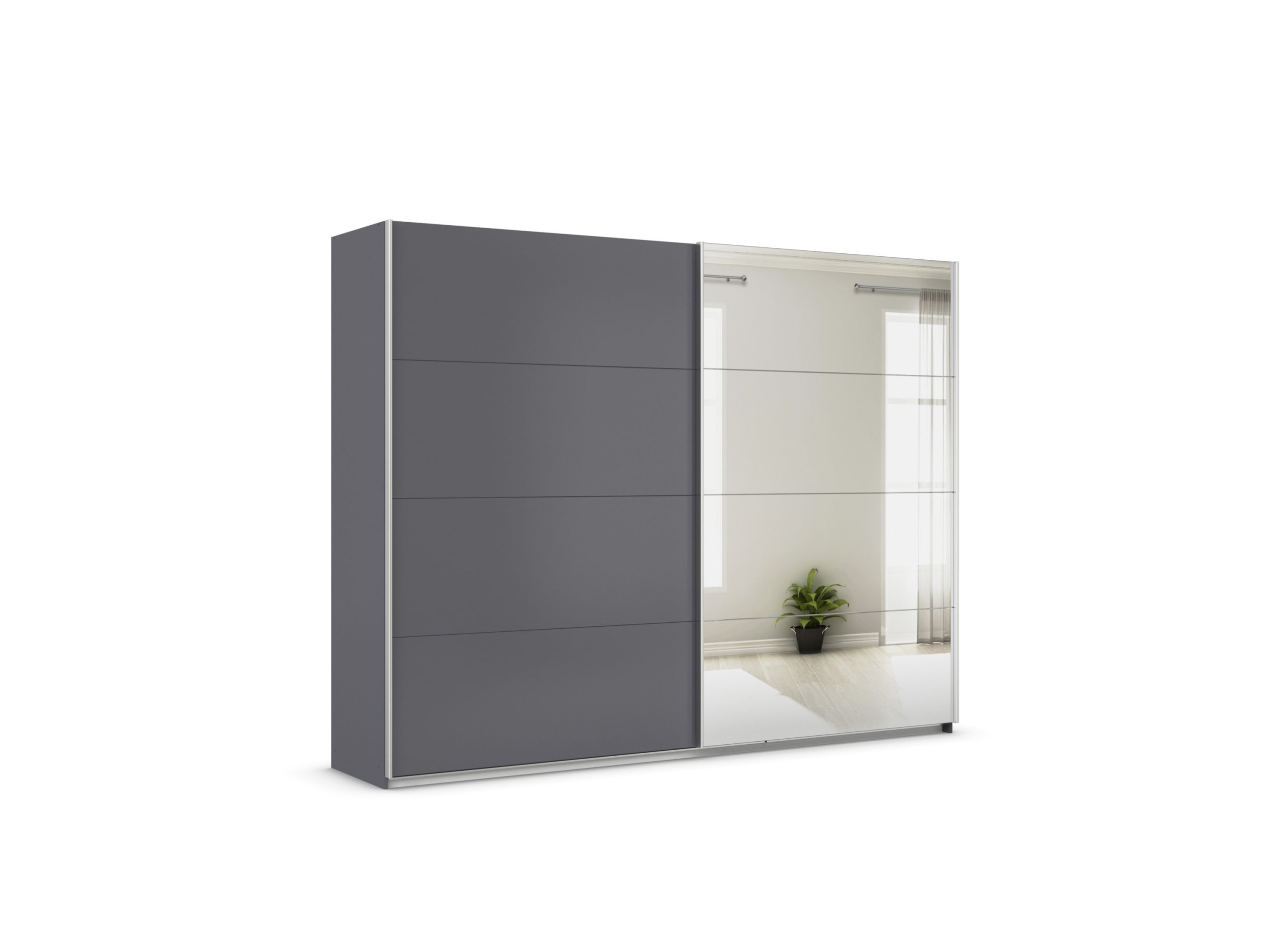 RAUCH ORANGE Quadra Schwebetürenschrank mit Spiegelelementen (Basic-Zubehör, Korpus: Graumetallic, 271 x 210 cm)""