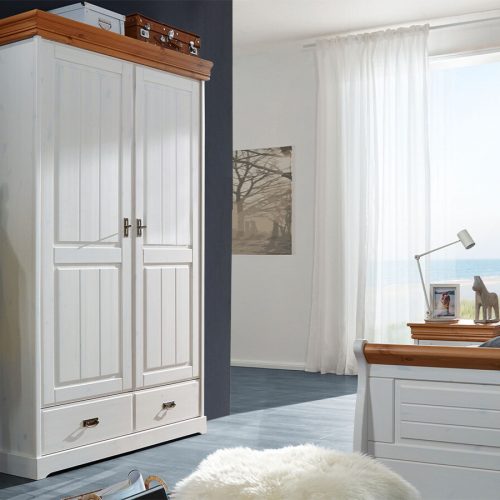 G+K Kleiderschrank II Landhausstil 2-trg., liegende Montage, Kiefer massiv weiß gewachst, Absetzungen honig