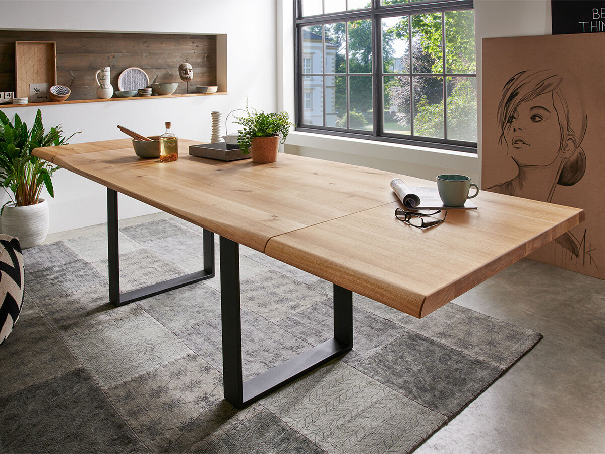 G+K Tisch 600, 180x100, Wildeiche massiv geölt, gedrehte Kante, Gestell U-Profil schwarz - Gallery 1 G+K Tisch 600, 180x100, Wildeiche massiv geölt, gedrehte Kante, Gestell U-Profil schwarz
