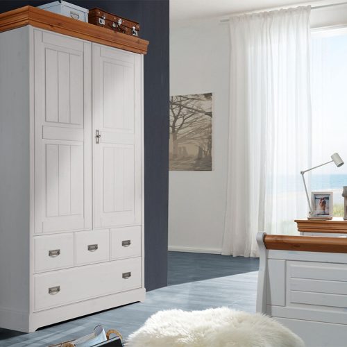 G+K Wäscheschrank 0663 II Landhausstil, Kiefer massiv weiß gewachst, Absetzungen honig