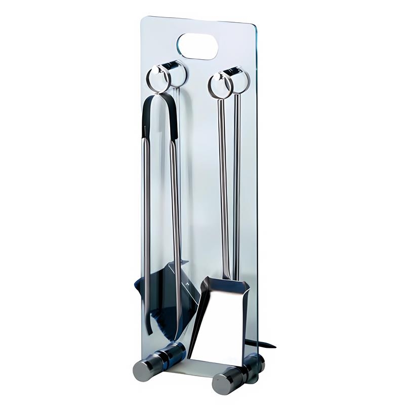Kaminbesteck 4-teilig aus Glas mit verchromten Besteck unf Füßen Kaminbesteck 4-teilig aus Glas mit verchromten Besteck unf Füßen