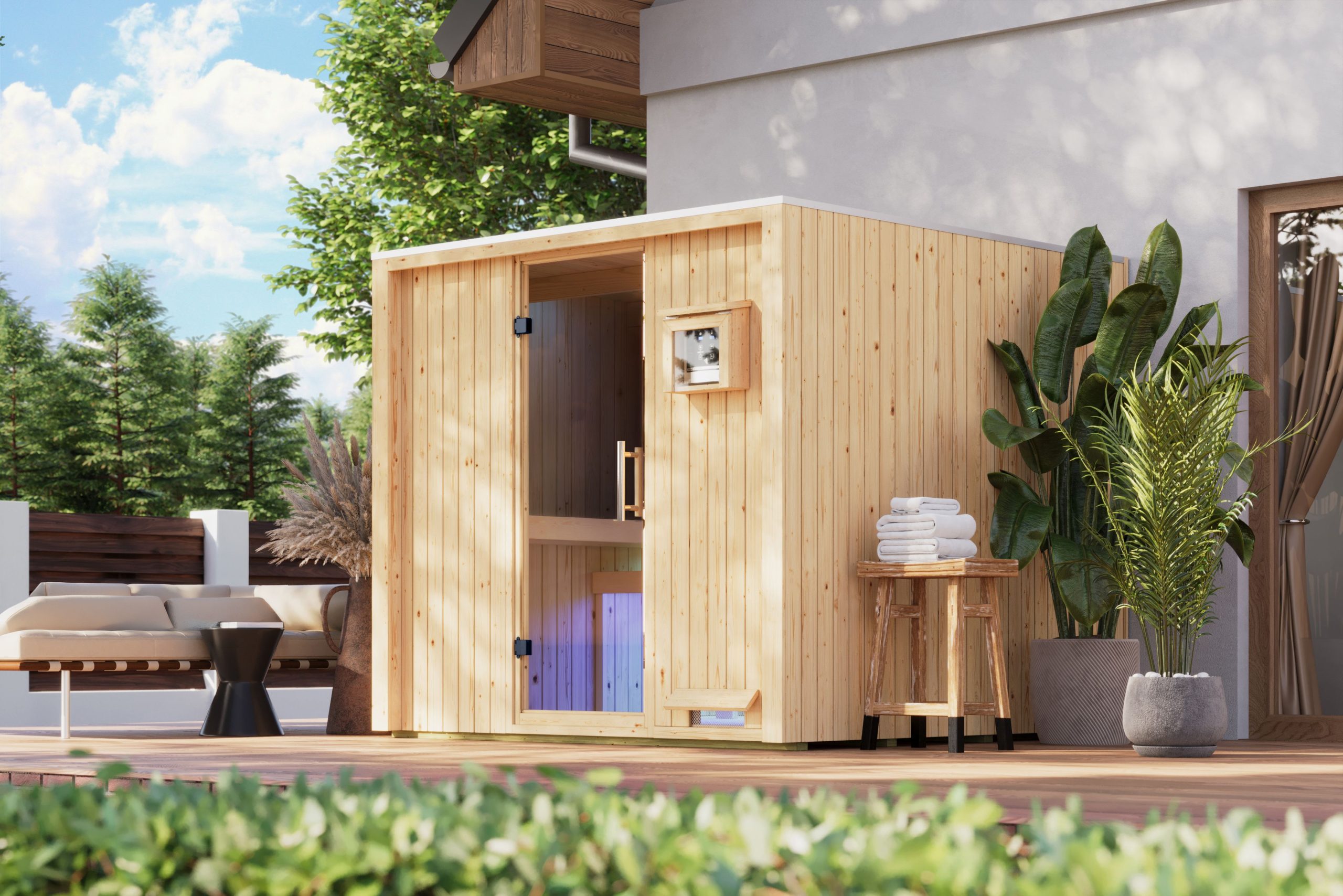 Karibu Design Saunahaus Uppsala Blackline - 68 mm Aktionssauna schwarz Ohne Terrasse 9 kW Ofen inkl. Steuergerät (finnisch)