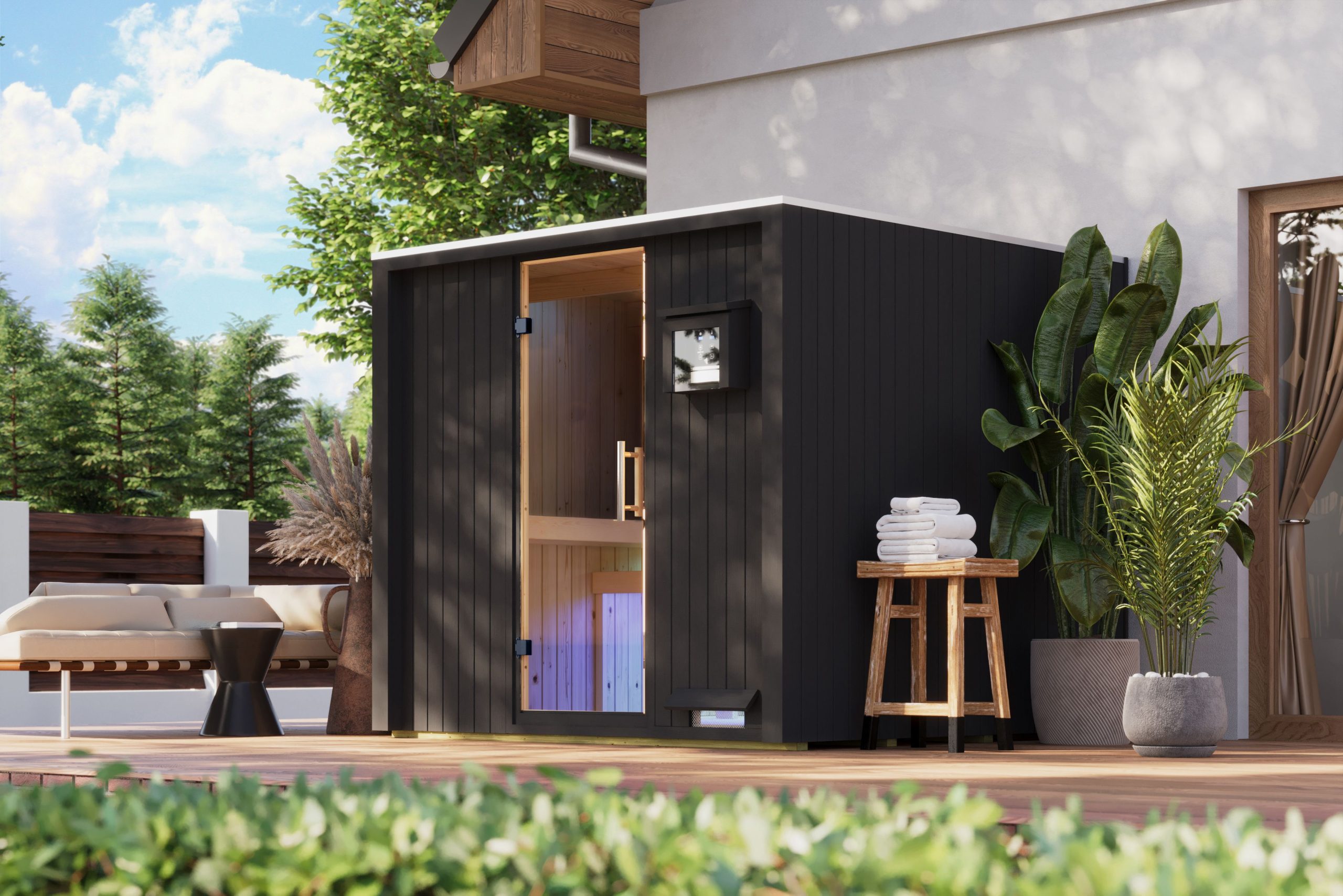Karibu Design Saunahaus Uppsala Blackline - 68 mm Aktionssauna schwarz Ohne Terrasse 9 kW Ofen inkl. Steuergerät (finnisch)