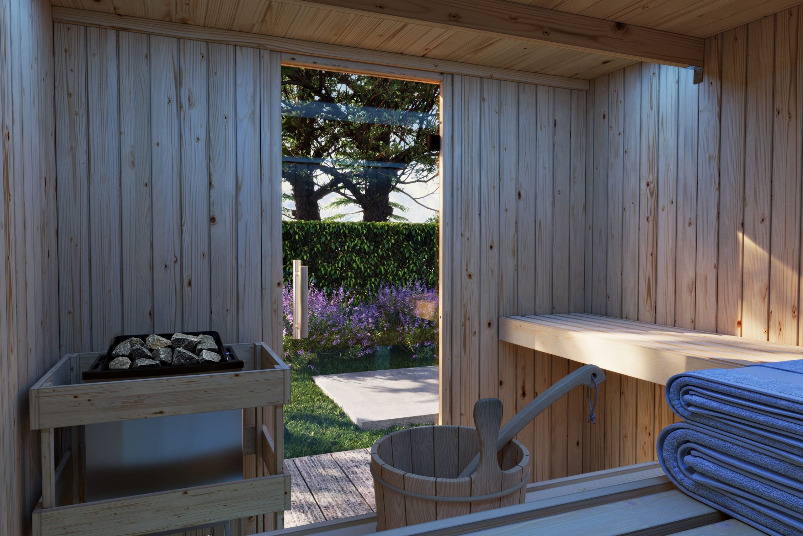 Karibu Design Saunahaus Uppsala Blackline - 68 mm Aktionssauna schwarz Ohne Terrasse 9 kW Ofen inkl. Steuergerät (finnisch)