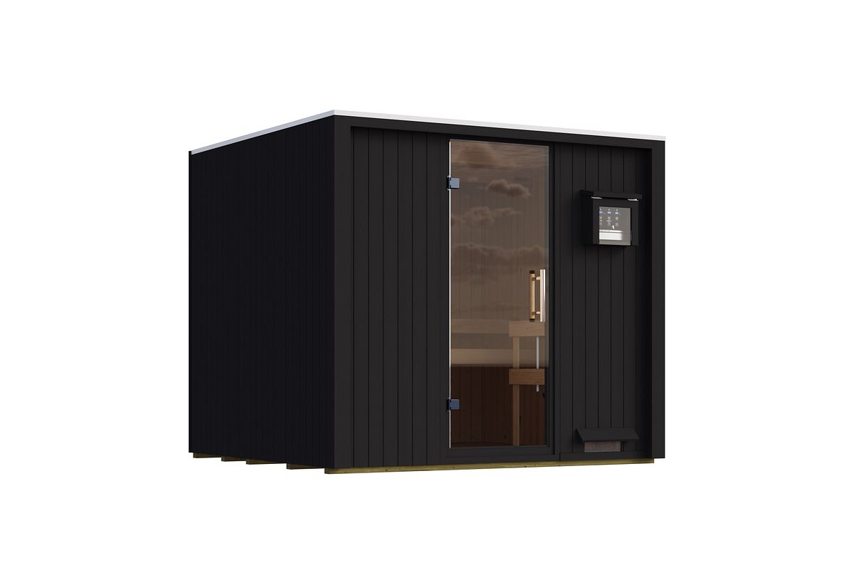Karibu Design Saunahaus Uppsala Blackline - 68 mm Aktionssauna schwarz Ohne Terrasse 9 kW Ofen inkl. Steuergerät (finnisch)