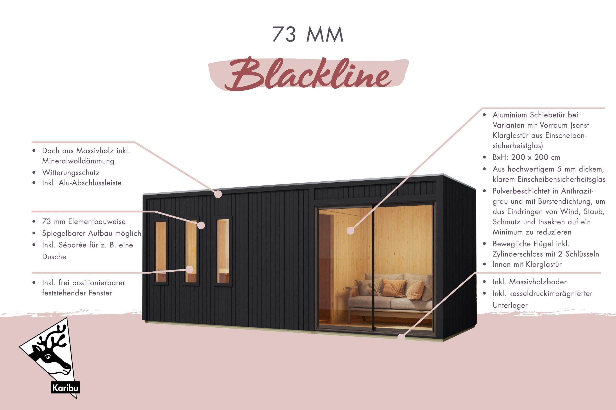 Karibu Design Saunahaus Monterey Blackline - 73 mm naturbelassen Ohne Terrasse Ohne Ofen