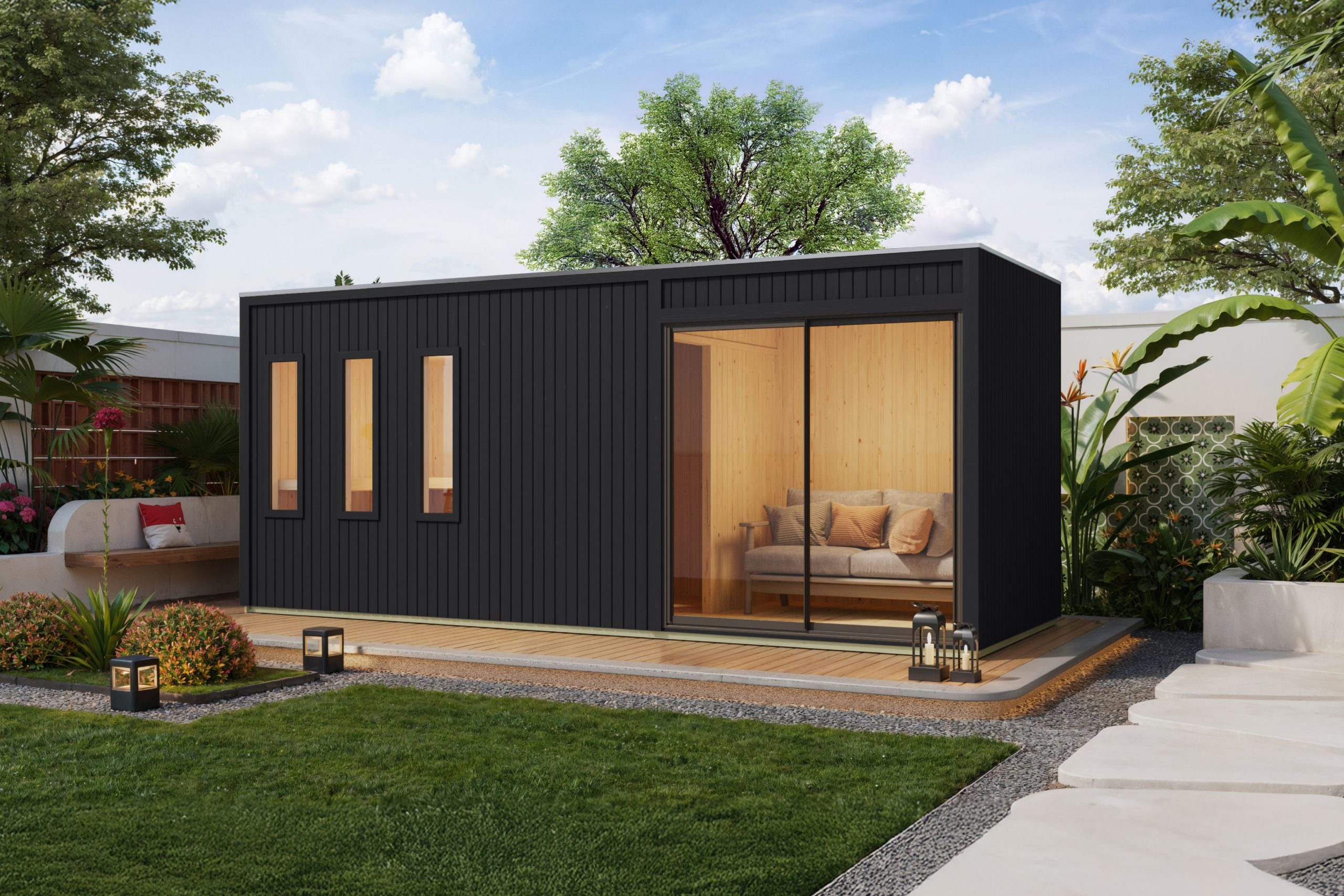 Karibu Design Saunahaus Monterey Blackline - 73 mm naturbelassen Ohne Terrasse Ohne Ofen