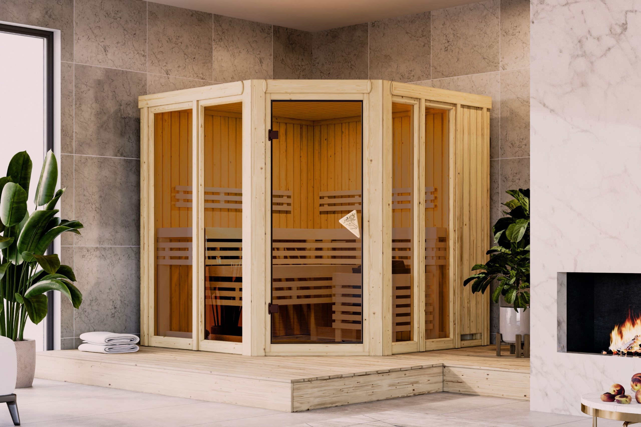 Karibu Sauna Airi Superior mit Eckeinstieg 68 mm Ohne Dachkranz Ohne Ofen - Gallery 2 Karibu Sauna Airi Superior mit Eckeinstieg 68 mm Ohne Dachkranz Ohne Ofen