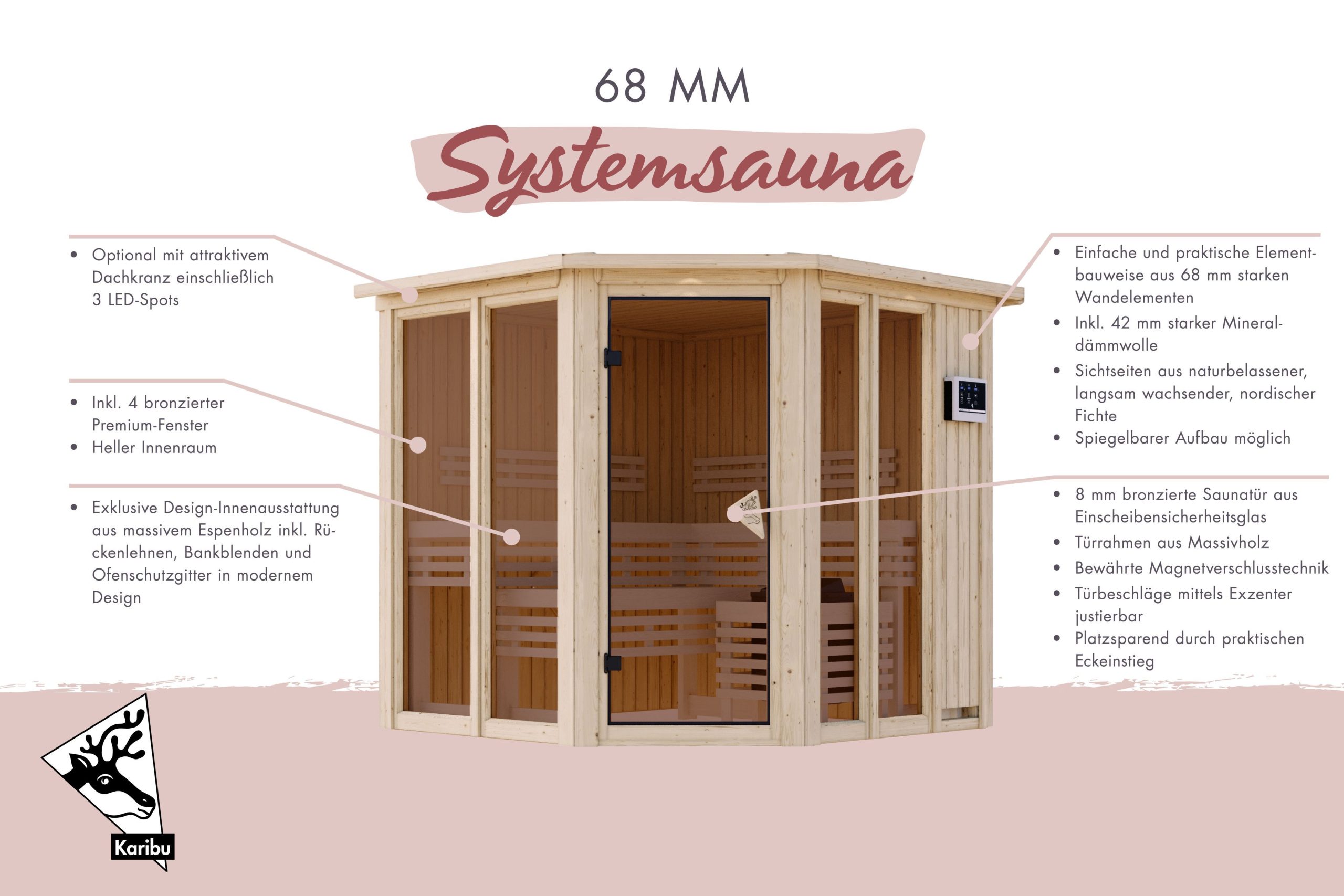 Karibu Sauna Airi Superior mit Eckeinstieg 68 mm Ohne Dachkranz Ohne Ofen - Gallery 5 Karibu Sauna Airi Superior mit Eckeinstieg 68 mm Ohne Dachkranz Ohne Ofen