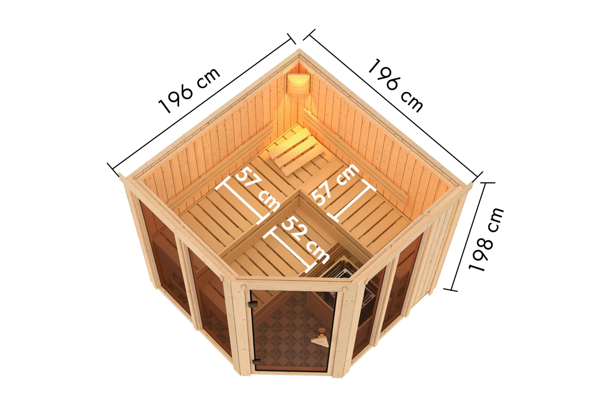 Karibu Sauna Airi Superior mit Eckeinstieg 68 mm Ohne Dachkranz Ohne Ofen - Gallery 3 Karibu Sauna Airi Superior mit Eckeinstieg 68 mm Ohne Dachkranz Ohne Ofen