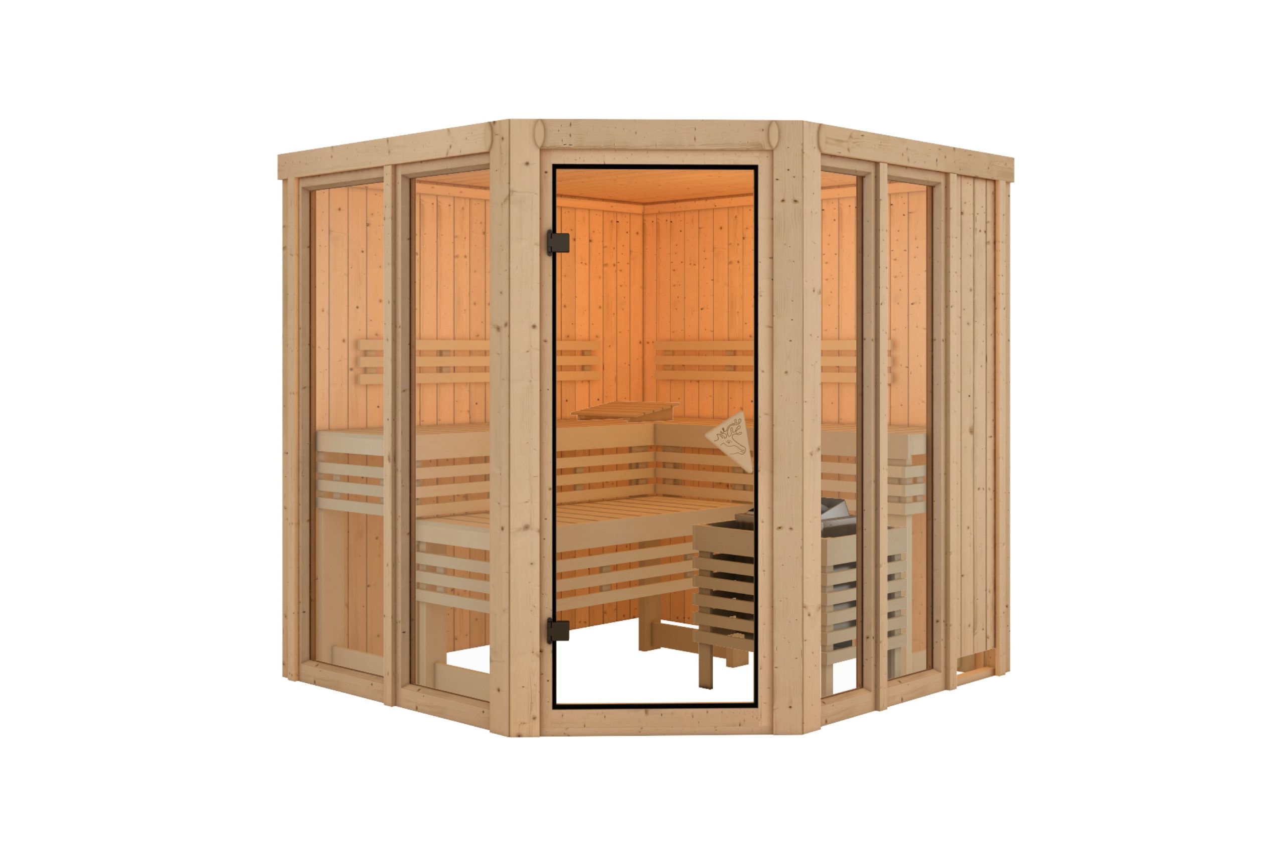 Karibu Sauna Airi Superior mit Eckeinstieg 68 mm Ohne Dachkranz Ohne Ofen - Gallery 1 Karibu Sauna Airi Superior mit Eckeinstieg 68 mm Ohne Dachkranz Ohne Ofen