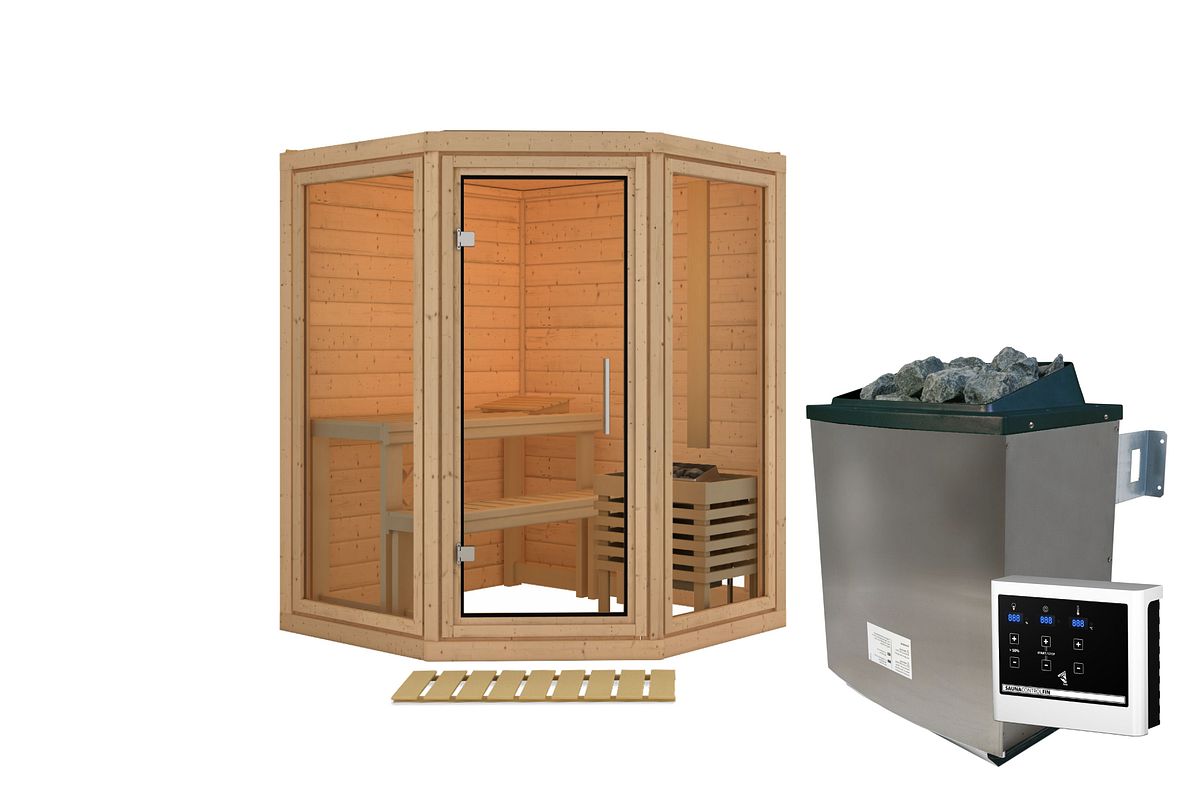Karibu Sauna Yuma - Massivholzsauna mit Eckeinstieg 38 mm Ohne Dachkranz 9 kW Ofen inkl. Steuergerät Karibu Sauna Yuma - Massivholzsauna mit Eckeinstieg 38 mm Ohne Dachkranz 9 kW Ofen inkl. Steuergerät