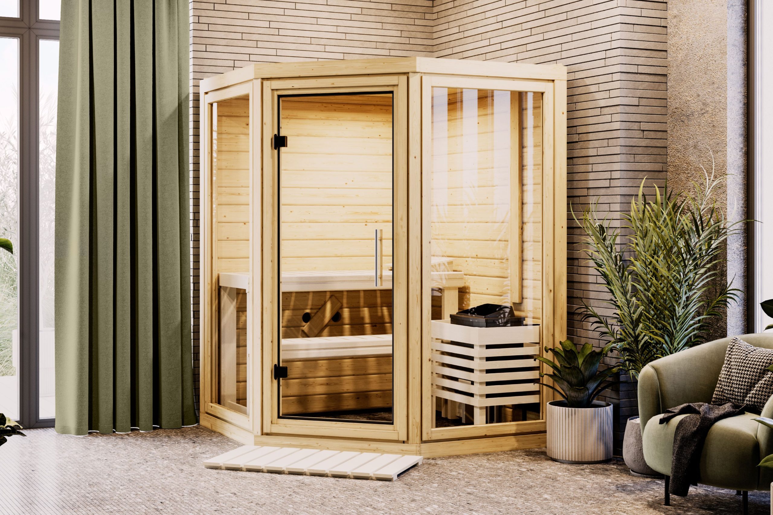 Karibu Sauna Yuma - Massivholzsauna mit Eckeinstieg 38 mm Ohne Dachkranz 9 kW Ofen inkl. Steuergerät - Gallery 2 Karibu Sauna Yuma - Massivholzsauna mit Eckeinstieg 38 mm Ohne Dachkranz 9 kW Ofen inkl. Steuergerät