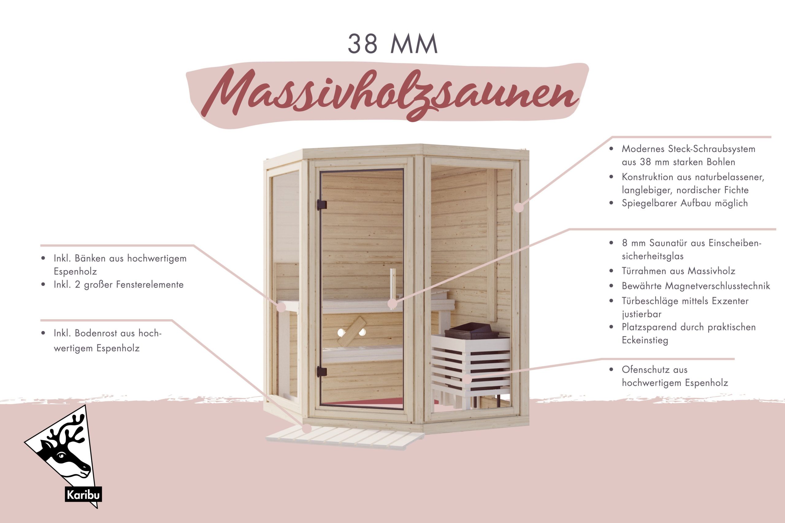 Karibu Sauna Yuma - Massivholzsauna mit Eckeinstieg 38 mm Ohne Dachkranz 9 kW Ofen inkl. Steuergerät - Gallery 3 Karibu Sauna Yuma - Massivholzsauna mit Eckeinstieg 38 mm Ohne Dachkranz 9 kW Ofen inkl. Steuergerät