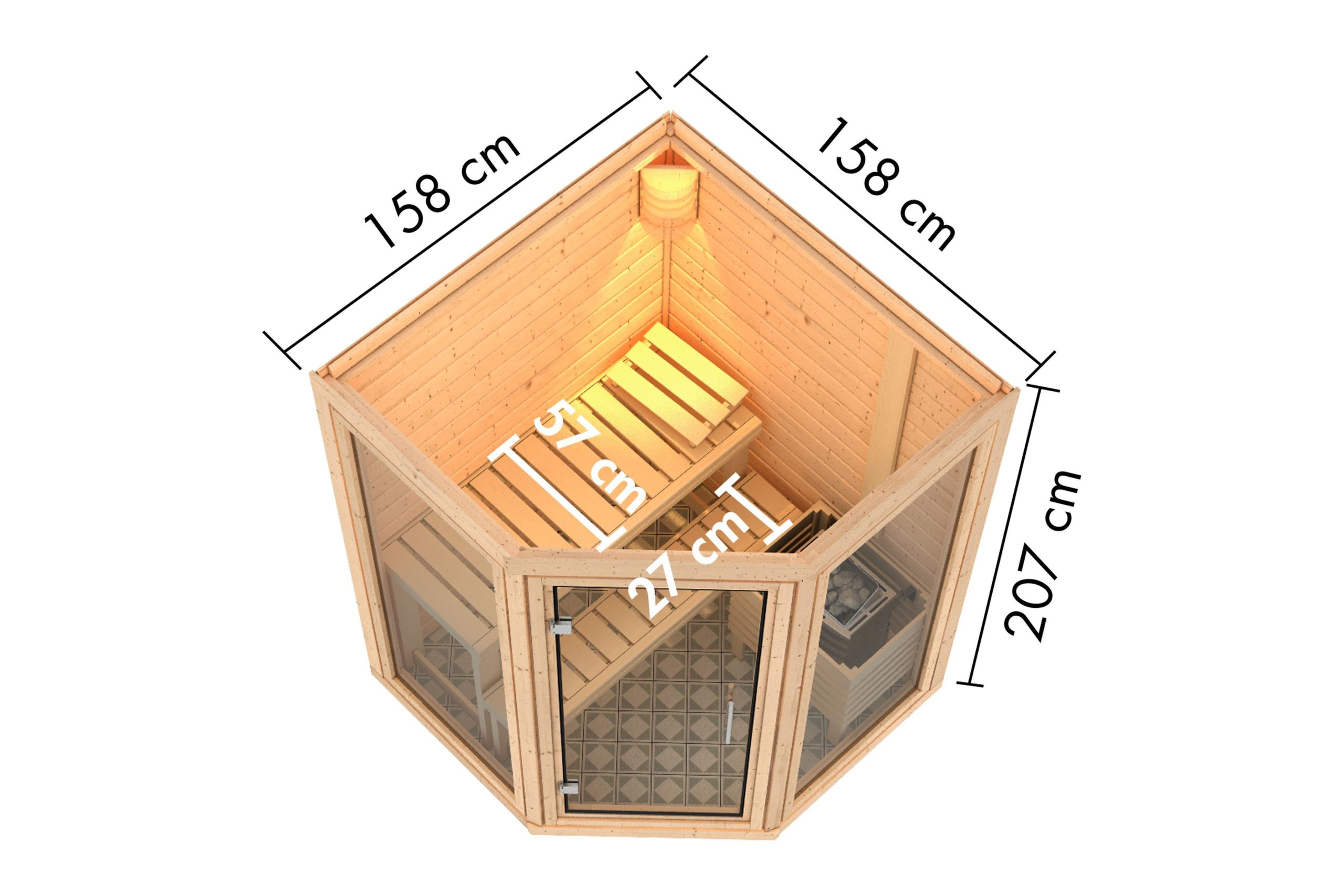 Karibu Sauna Yuma - Massivholzsauna mit Eckeinstieg 38 mm Ohne Dachkranz 9 kW Ofen inkl. Steuergerät - Gallery 4 Karibu Sauna Yuma - Massivholzsauna mit Eckeinstieg 38 mm Ohne Dachkranz 9 kW Ofen inkl. Steuergerät