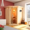 Karibu Sauna Larin mit Eckeinstieg 68 mm-9 kW Ofen integr. Steuerung-ohne Dachkranz- Isolierte Saunatür