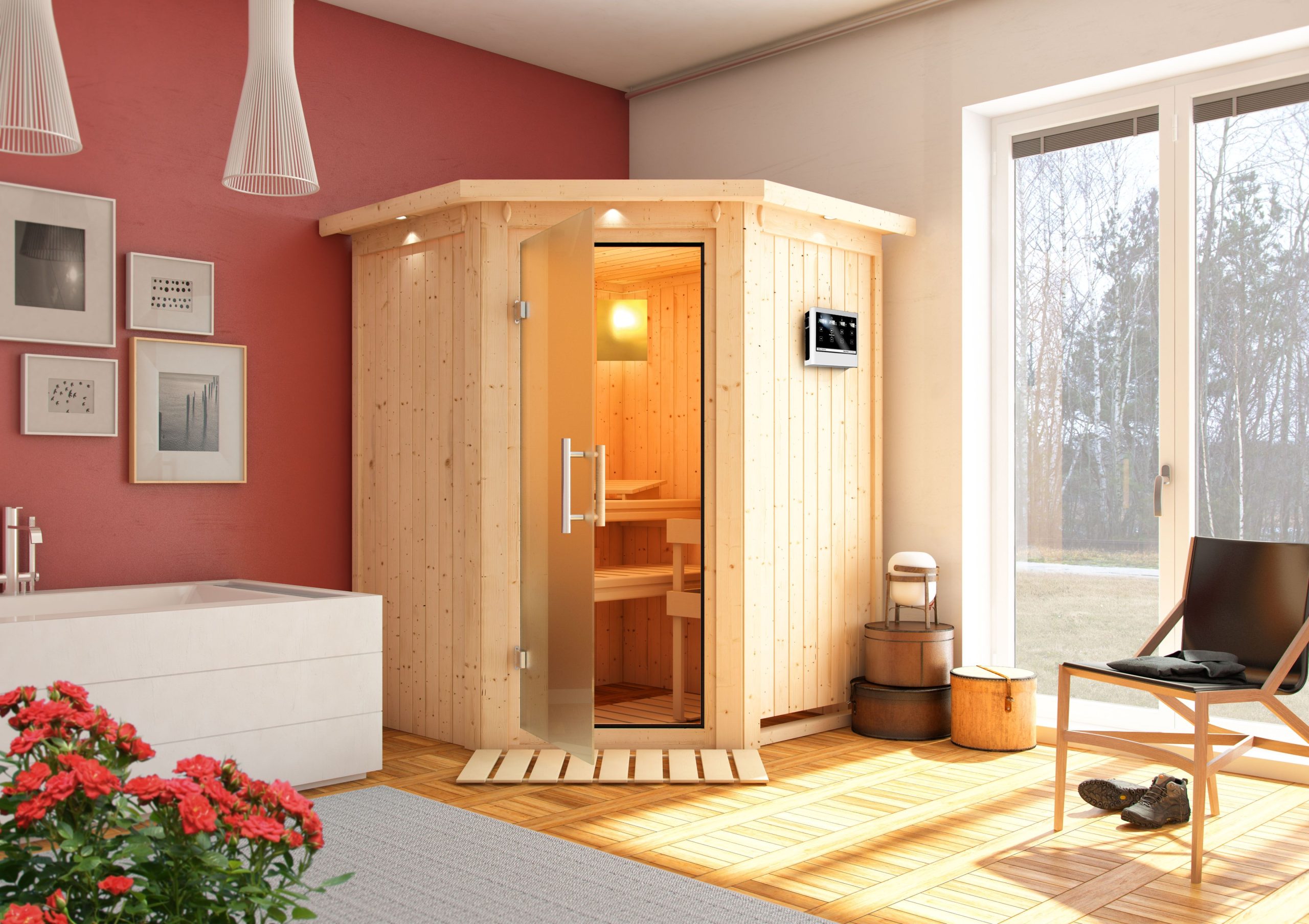 Karibu Sauna Larin mit Eckeinstieg 68 mm-9 kW Ofen integr. Steuerung-ohne Dachkranz- Isolierte Saunatür