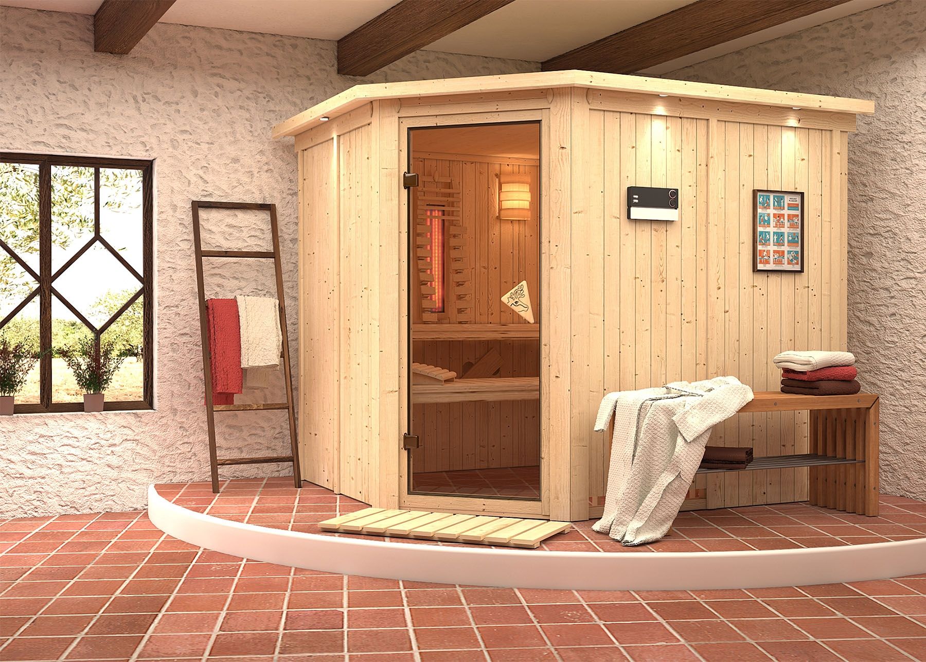Karibu Sauna Malin mit Eckeinstieg 68 mm-9 kW Bio-Kombiofen inkl. Steuergerät-inkl. Dachkranz- Isolierte Saunatür