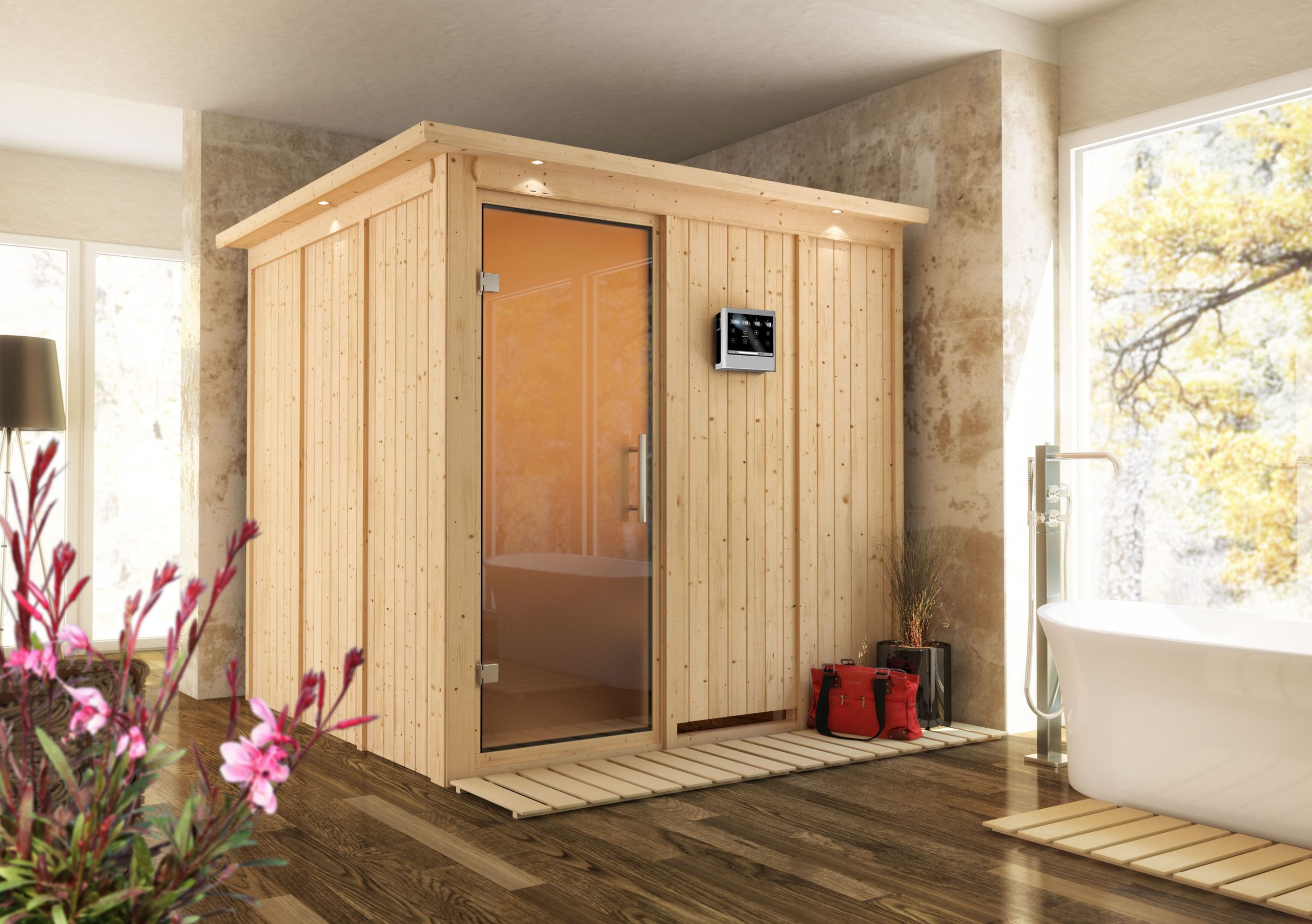 Karibu Sauna Rodin mit Fronteinstieg 68 mm-Ohne Ofen-ohne Dachkranz-Ganzglastür in Graphit-Optik