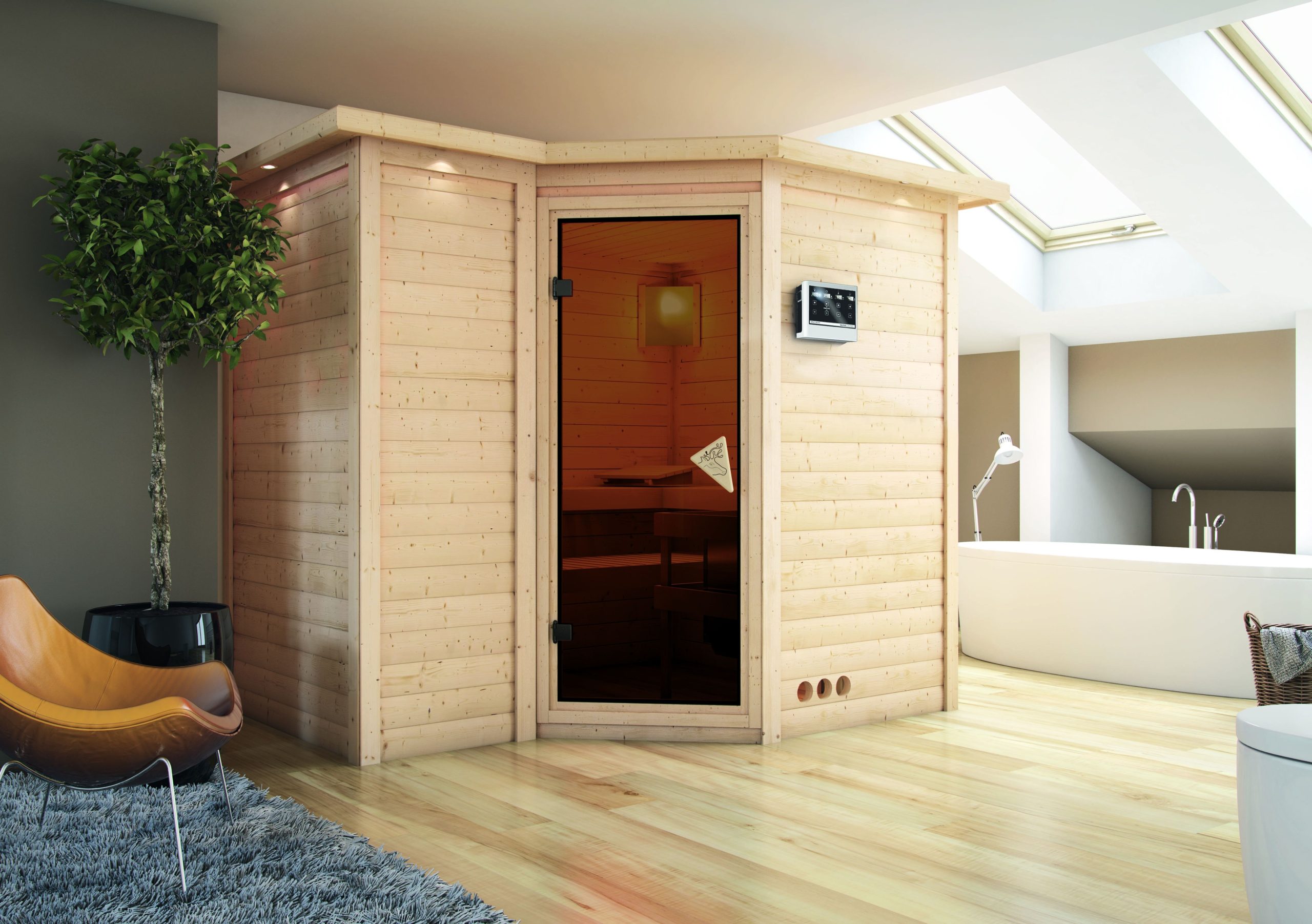 Karibu Sahib 2-Sauna 40mm -Eckeinstieg - Exklusivoptik-9 kW Ofen inkl. Steuergerät-inkl. Dachkranz-Ganzglastür in Graphit-Optik - Gallery 2 Karibu Sahib 2-Sauna 40mm -Eckeinstieg - Exklusivoptik-9 kW Ofen inkl. Steuergerät-inkl. Dachkranz-Ganzglastür in Graphit-Optik
