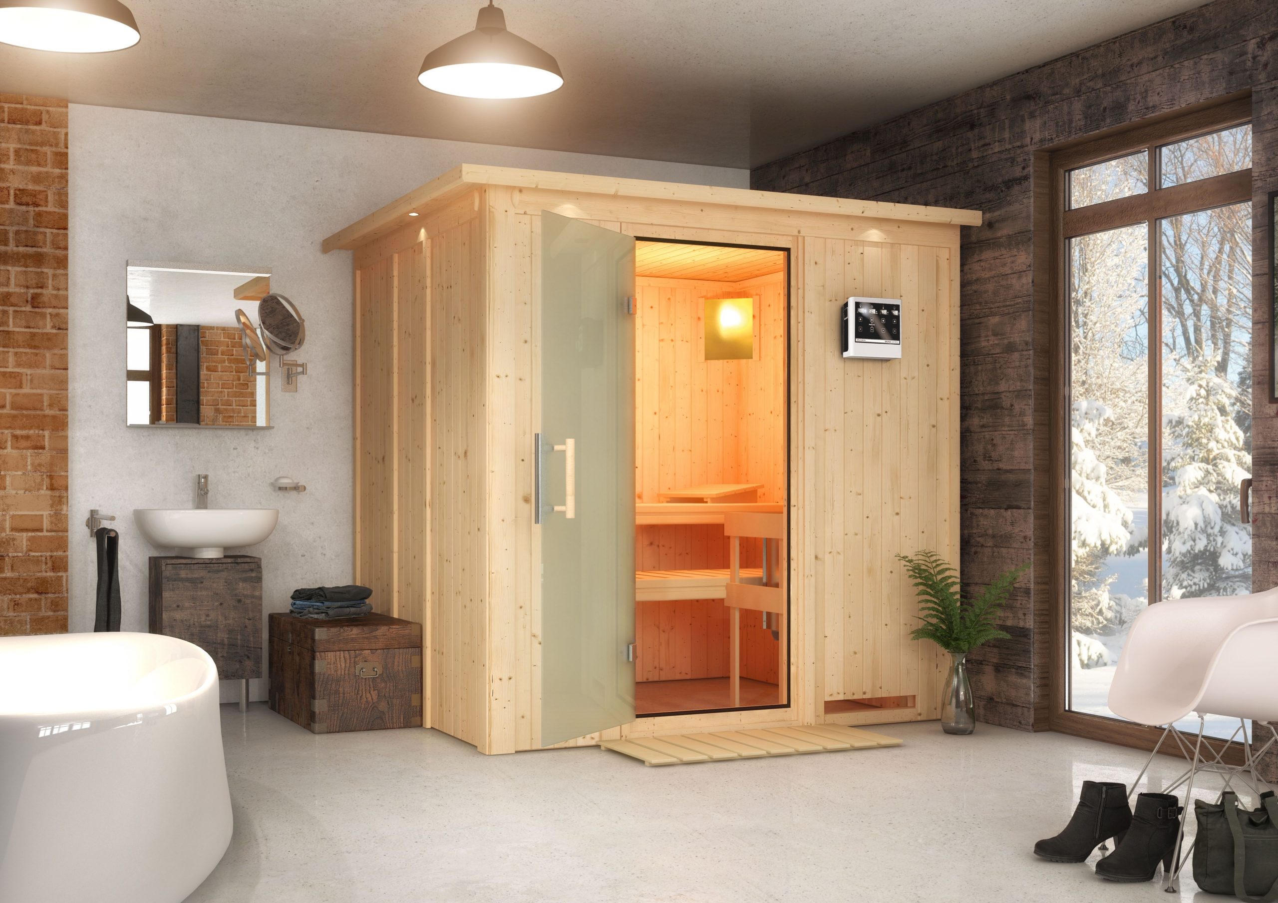 Karibu Sauna Sodin mit Fronteinstieg 68 mm-Ohne Ofen-inkl. Dachkranz-Ganzglastür in Graphit-Optik - Gallery 3 Karibu Sauna Sodin mit Fronteinstieg 68 mm-Ohne Ofen-inkl. Dachkranz-Ganzglastür in Graphit-Optik