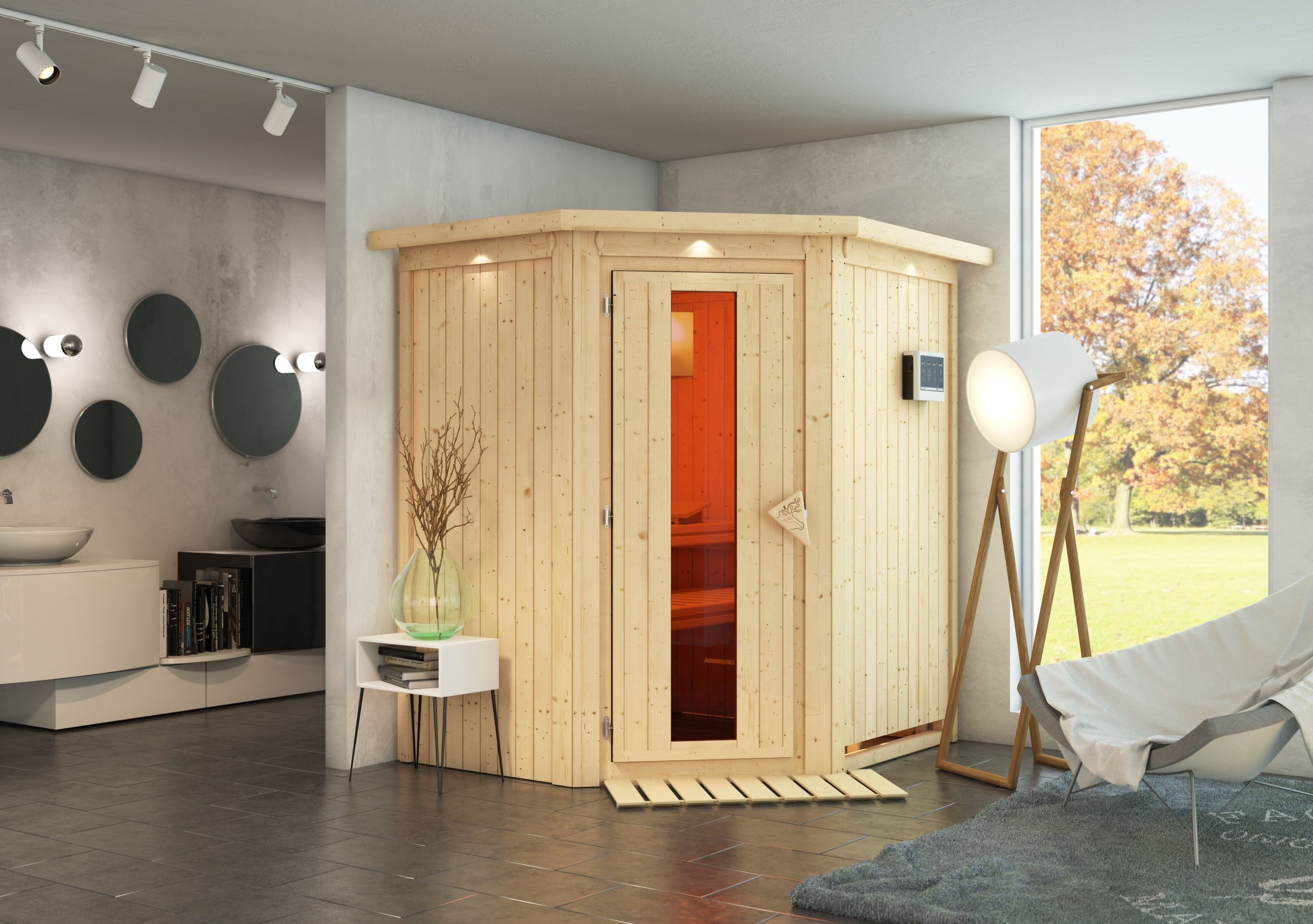 Karibu Sauna Taurin mit Eckeinstieg 68 mm-Ohne Ofen-Inkl. Dachkranz-Ganzglastür in Graphit-Optik - Gallery 2 Karibu Sauna Taurin mit Eckeinstieg 68 mm-Ohne Ofen-Inkl. Dachkranz-Ganzglastür in Graphit-Optik