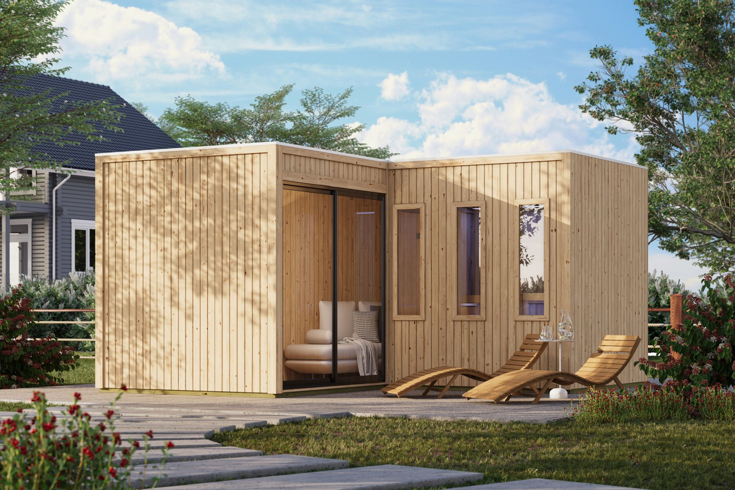Karibu Design Saunahaus Paradise Blackline - 73 mm naturbelassen inkl. Schiebetür 11 kW Ofen inkl. Steuergerät (finnisch)
