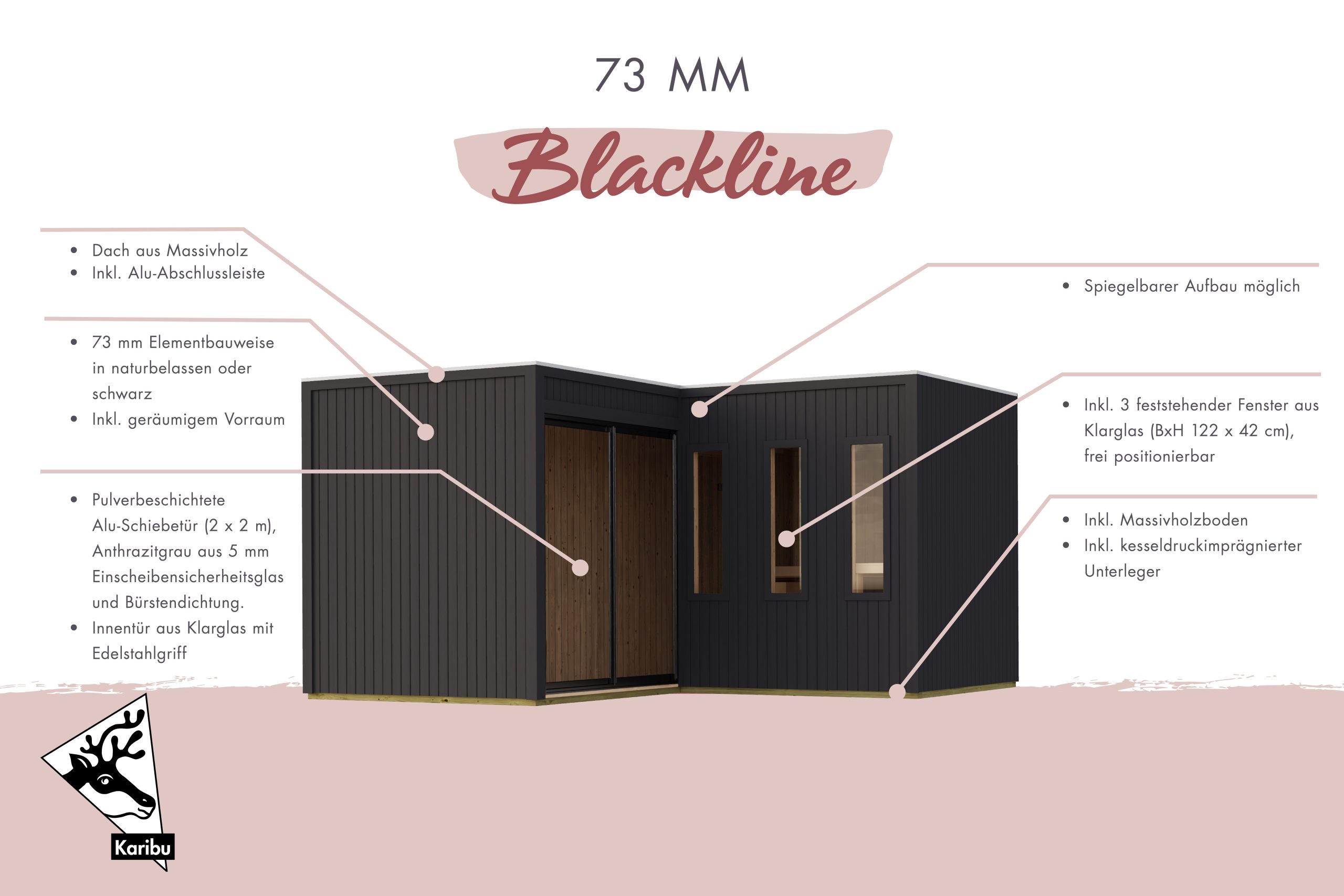 Karibu Design Saunahaus Paradise Blackline - 73 mm naturbelassen inkl. Schiebetür 11 kW Ofen inkl. Steuergerät (finnisch)