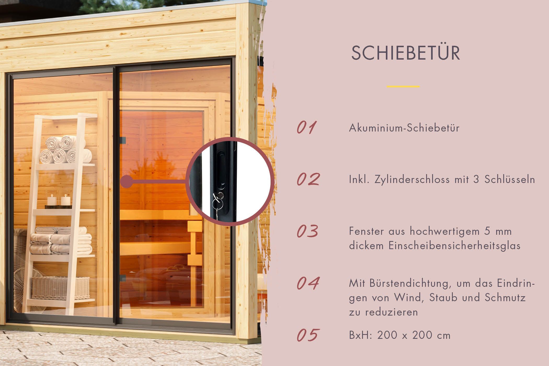 Karibu Design Saunahaus Paradise Blackline - 73 mm naturbelassen inkl. Schiebetür 11 kW Ofen inkl. Steuergerät (finnisch)