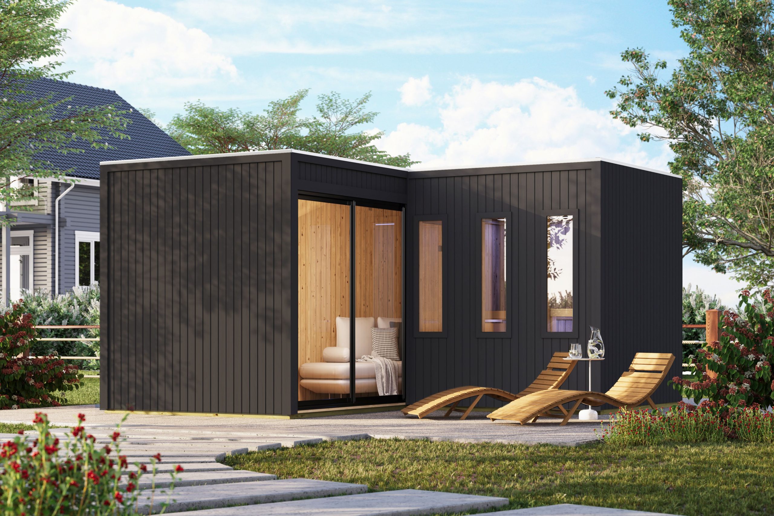 Karibu Design Saunahaus Paradise Blackline - 73 mm naturbelassen inkl. Schiebetür 11 kW Ofen inkl. Steuergerät (finnisch)