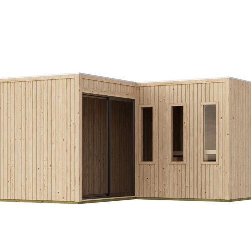 Karibu Design Saunahaus Paradise Blackline - 73 mm naturbelassen inkl. Schiebetür 11 kW Ofen inkl. Steuergerät (finnisch)