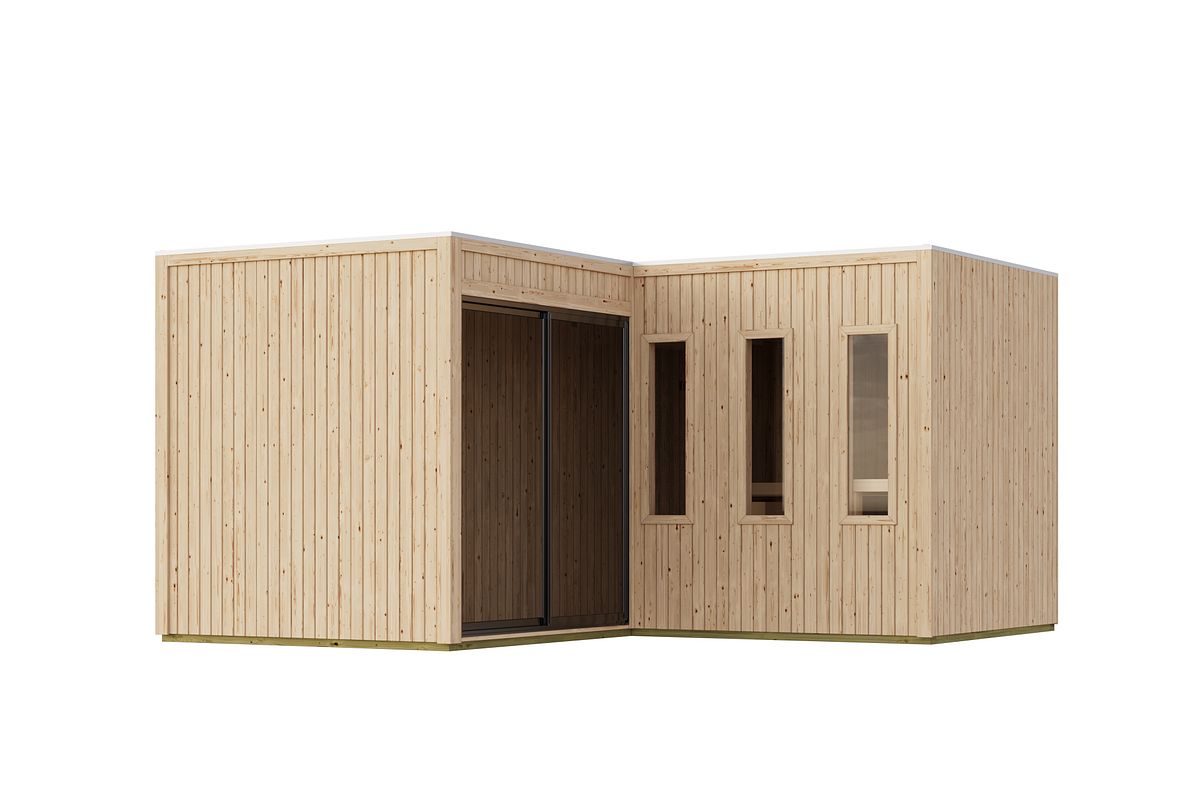 Karibu Design Saunahaus Paradise Blackline - 73 mm naturbelassen inkl. Schiebetür 11 kW Ofen inkl. Steuergerät (finnisch)