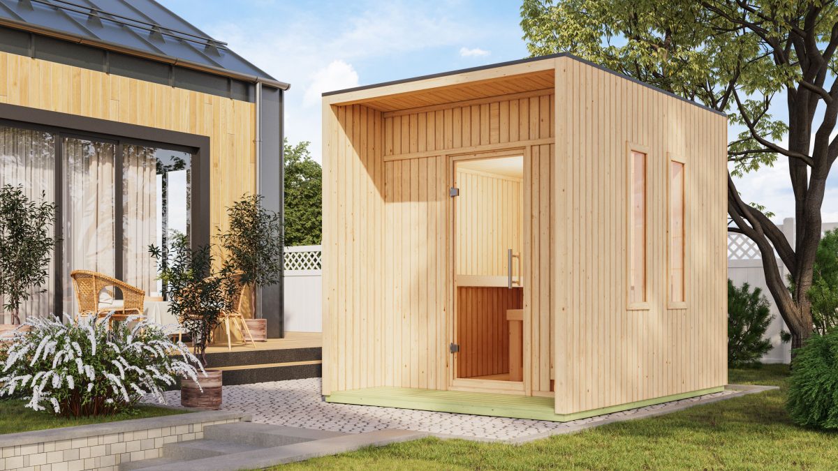 Karibu Design Saunahaus Laguna Blackline – 73 mm naturbelassen Inkl. Terrasse Ohne Ofen