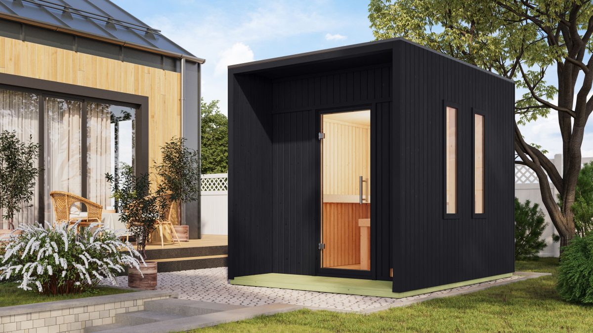 Karibu Design Saunahaus Laguna Blackline – 73 mm naturbelassen Inkl. Terrasse Ohne Ofen