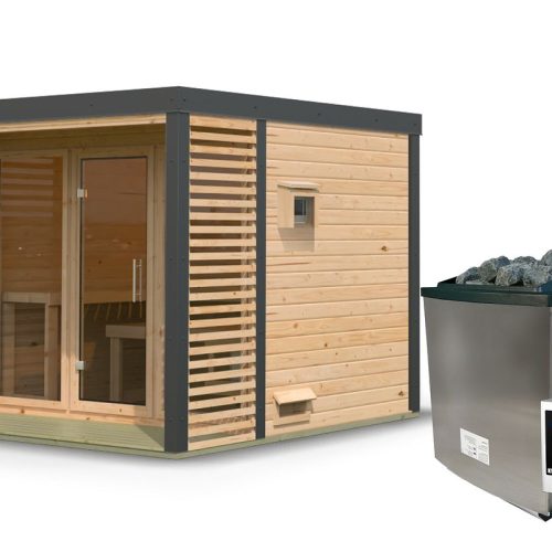 Karibu Saunahaus Ares 3 - Hybridhaus mit Metallrahmen - 38 mm naturbelassen Blech-Ausführung: anthrazit 9 kW Ofen inkl. Steuergerät Karibu Saunahaus Ares 3 - Hybridhaus mit Metallrahmen - 38 mm naturbelassen Blech-Ausführung: anthrazit 9 kW Ofen inkl. Steuergerät